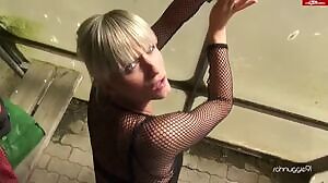 German chick on roller skates sucks cock on the bus stop